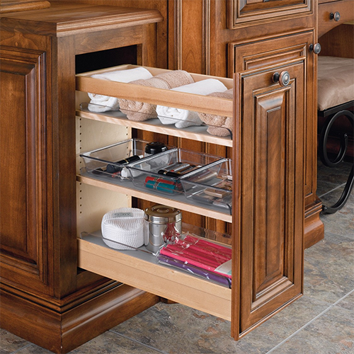 Cabinet Pullout Soft-Close Organizer with Wood Adjustable Shelves and Bins